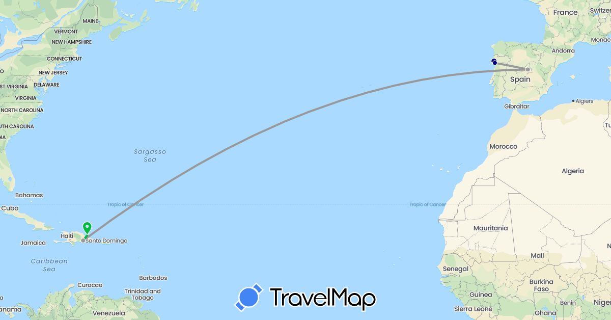 TravelMap itinerary: driving, bus, plane in Dominican Republic, Spain, Portugal (Europe, North America)